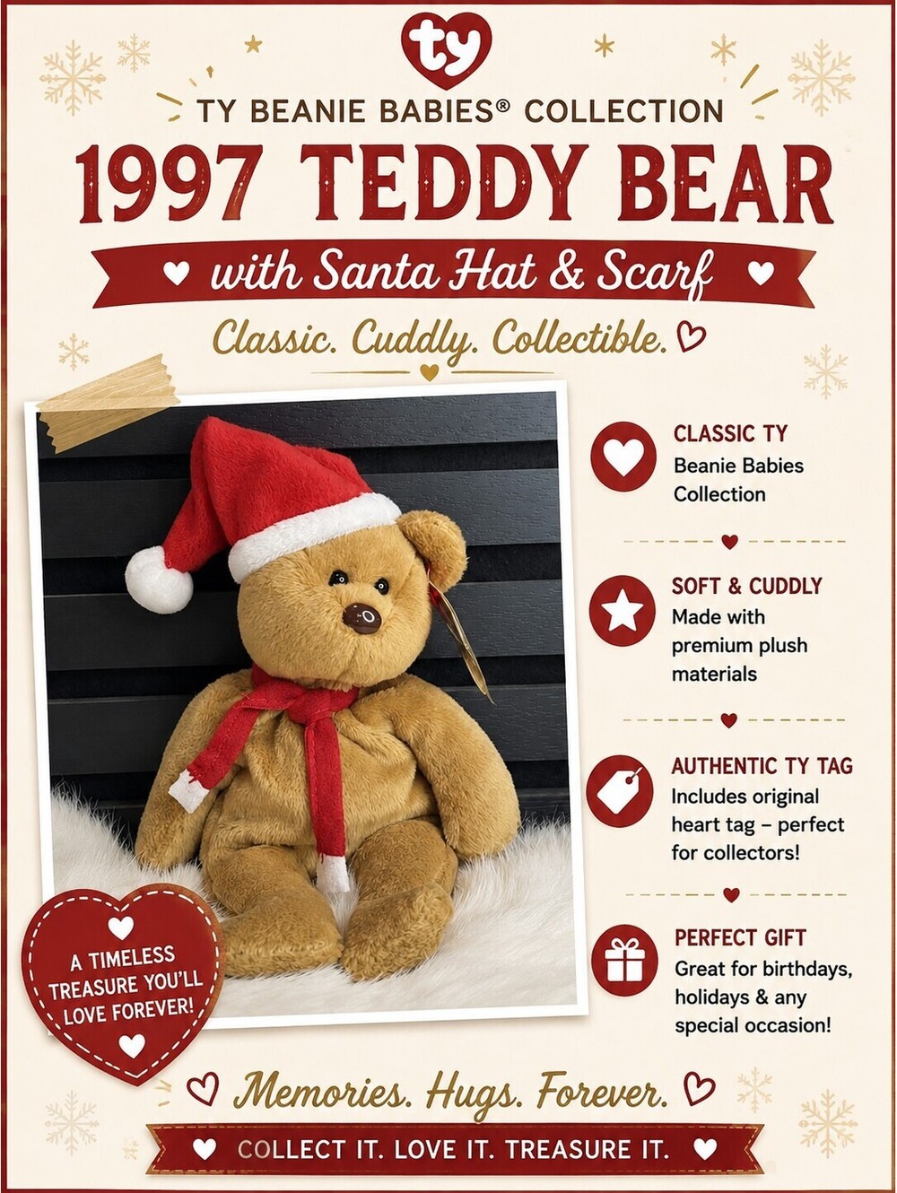 Ty Beanie Babies Collection 1997 Teddy Bear Plush with Santa Hat and Scarf
